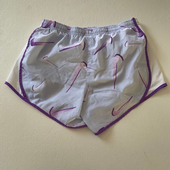Nike Dri-Fit Running Shorts L Purple Swoosh Print Lightweight Activewear - Picture 2 of 7